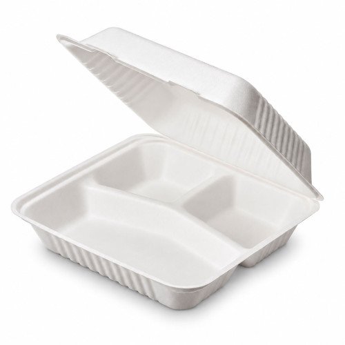 9 x 9" Bagasse 3 Compartment Clamshell Containers - GreenFeel