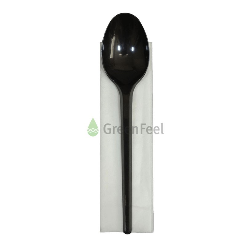 Individually Wrapped Black Plastic Spoons With Napkins