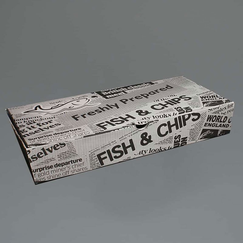 Fish and chips boxes - medium. Made from cardboard with print on it.